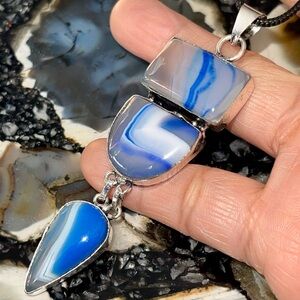 Large Blue & White Translucent Chalcedony Pendant 3 1/2”